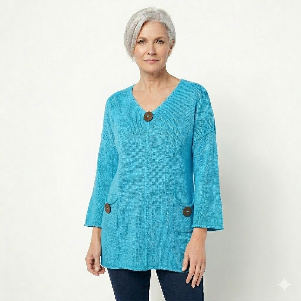 Pure Handknit Sweater Women S Turquoise‎ Blue Cotton V-Neck Coconut Button Tunic